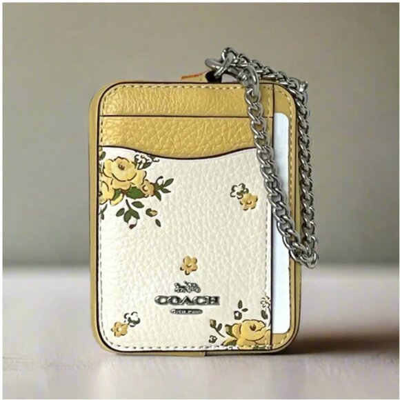 Coach Floral Zip Card Case CAU44 ID Wallet Yellow Leather Chain Strap ORGPKG - Picture 1 of 7